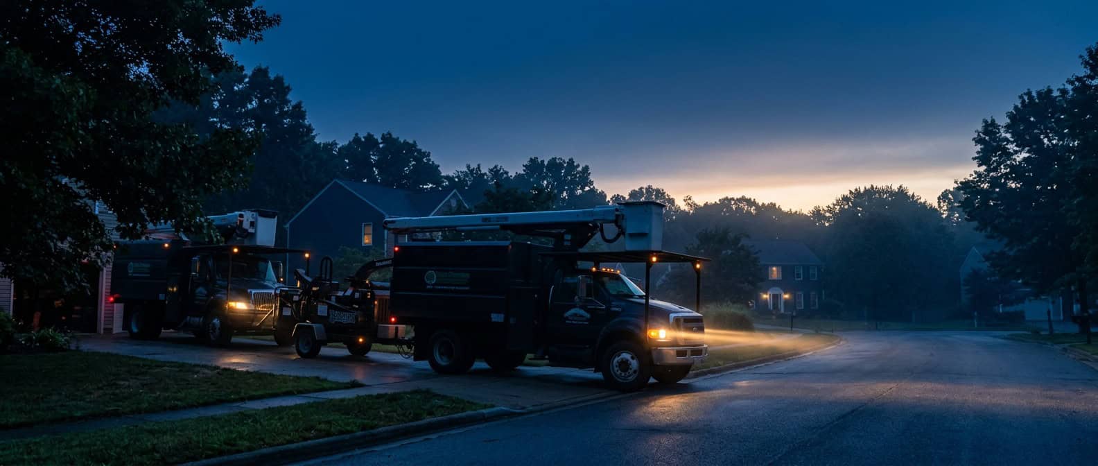 Tree service truck leaving at sunrise