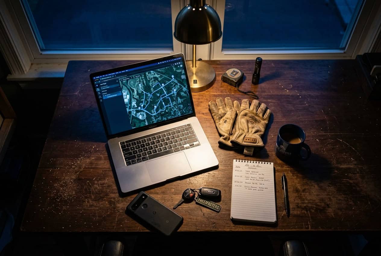 Dispatch laptop at a night desk for tree service lead routing