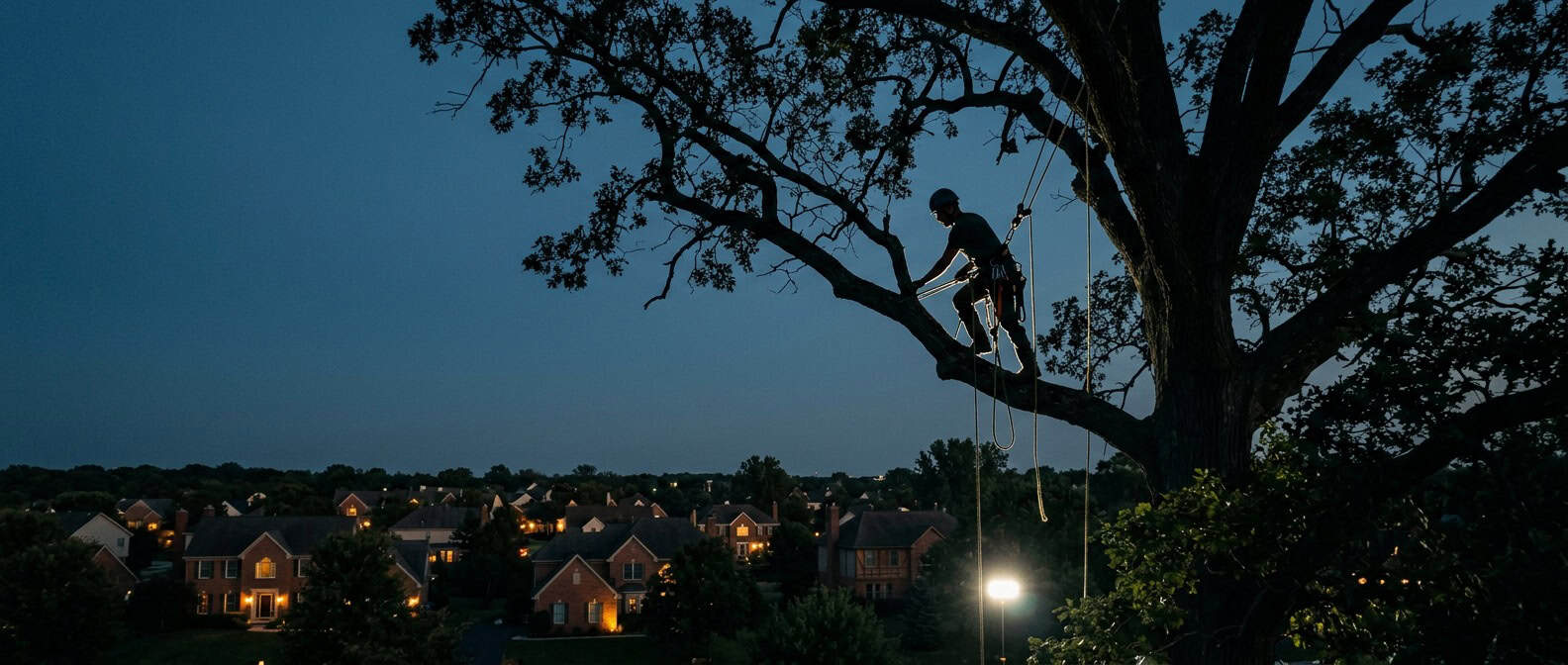 Arborist climbing a tree at dusk