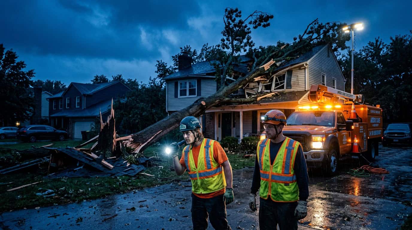 Storm response tree crew working at night